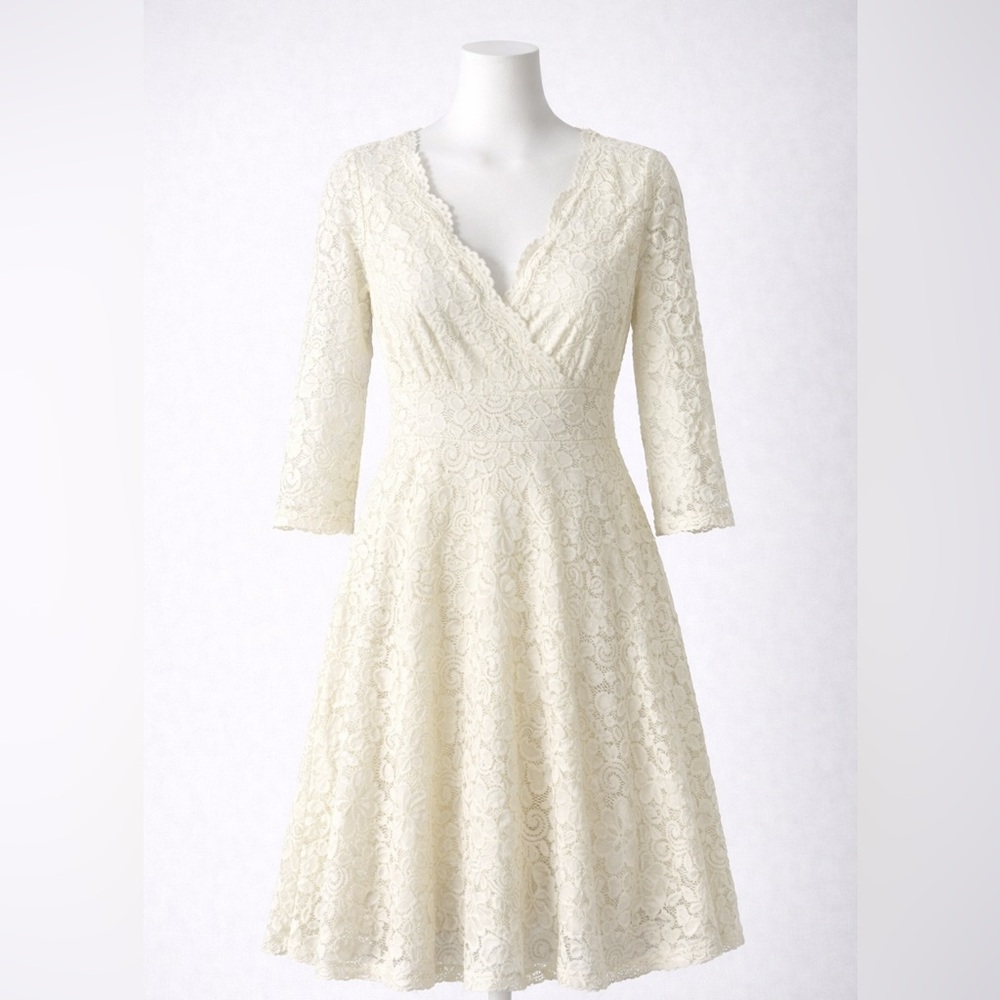 SOLD. PattyBoutik Ivory Lace Mid Length Sleeved Dress